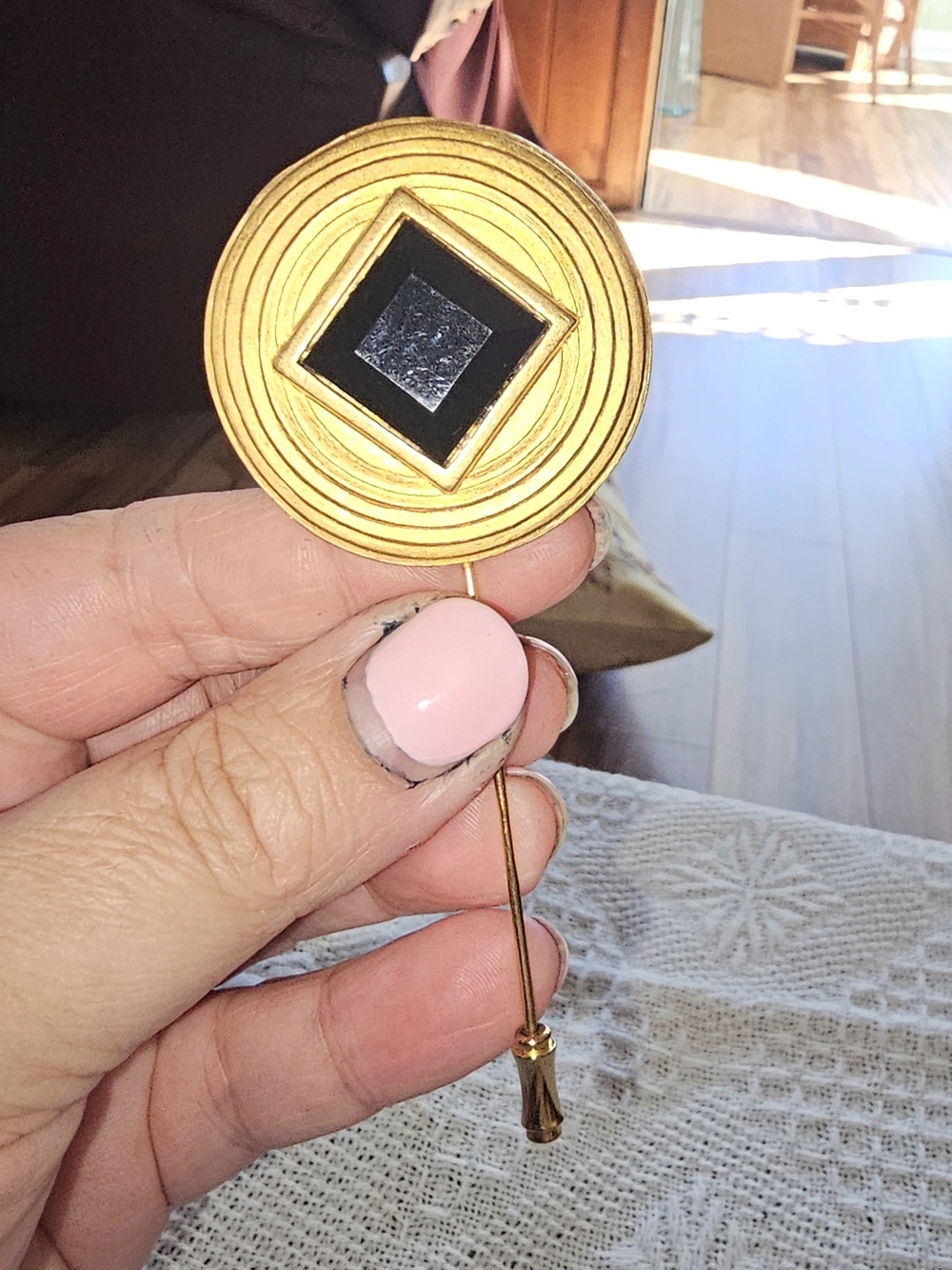 Vintage 1980's Gold-Tone Round Hat Pin with Black Inlay